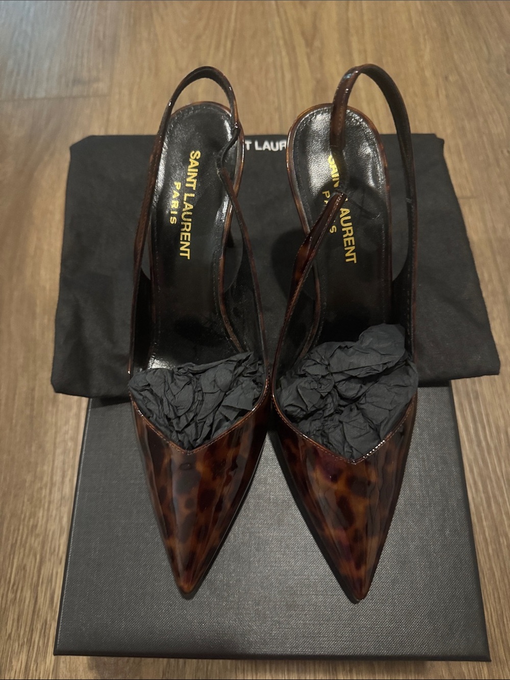 Saint Laurent Tortoiseshell Patent Slingback Pointed Pumps